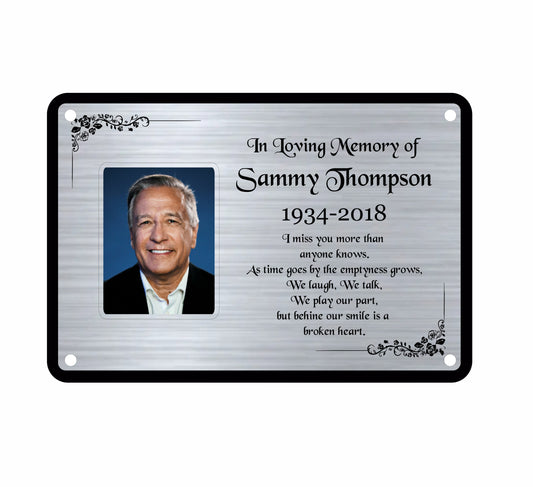 Memorial Bench plaque for Sammy Thompson with a photo and text on a white background