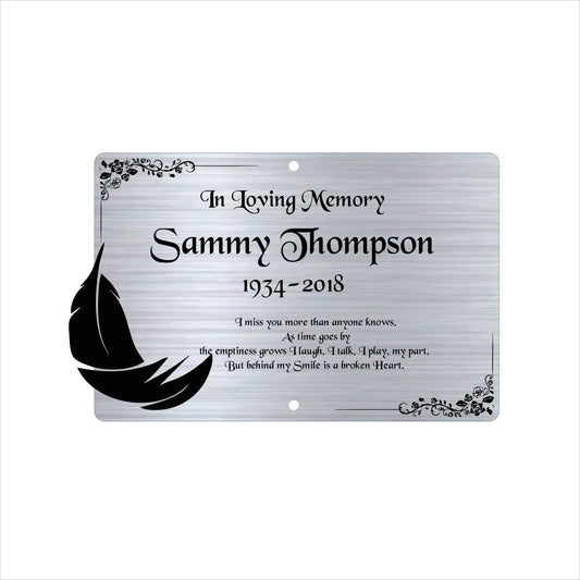Memorial Bench Plaque, 6x4 Engraved Bench Plaques, Engraved Tree Sign, Weatherproof, Grave, Silver Feather