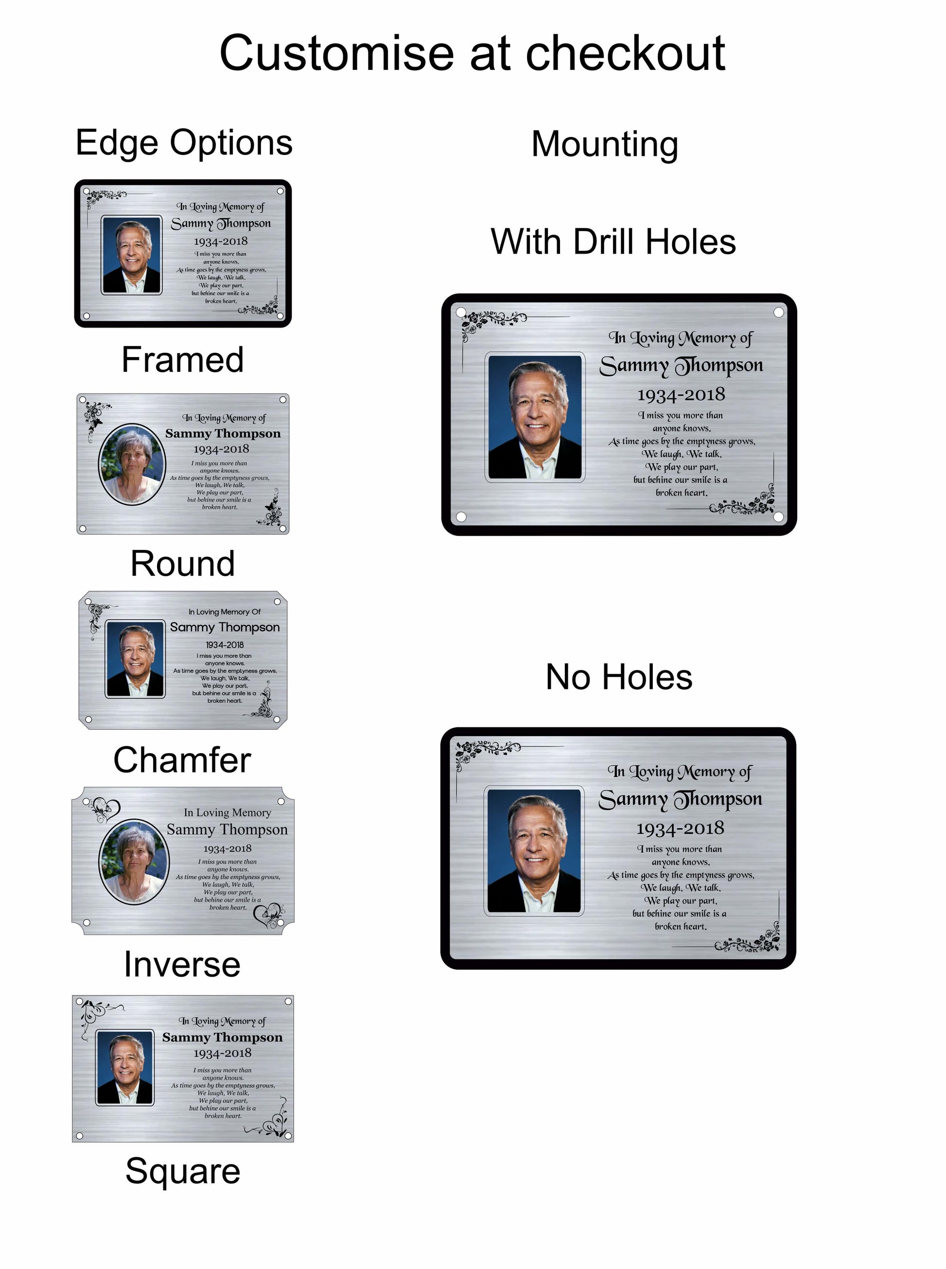 Options for customising a product with edge options, mounting choices, and design variations.