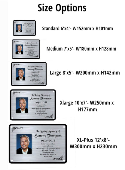 Size options chart for memorial plaques with dimensions listed.