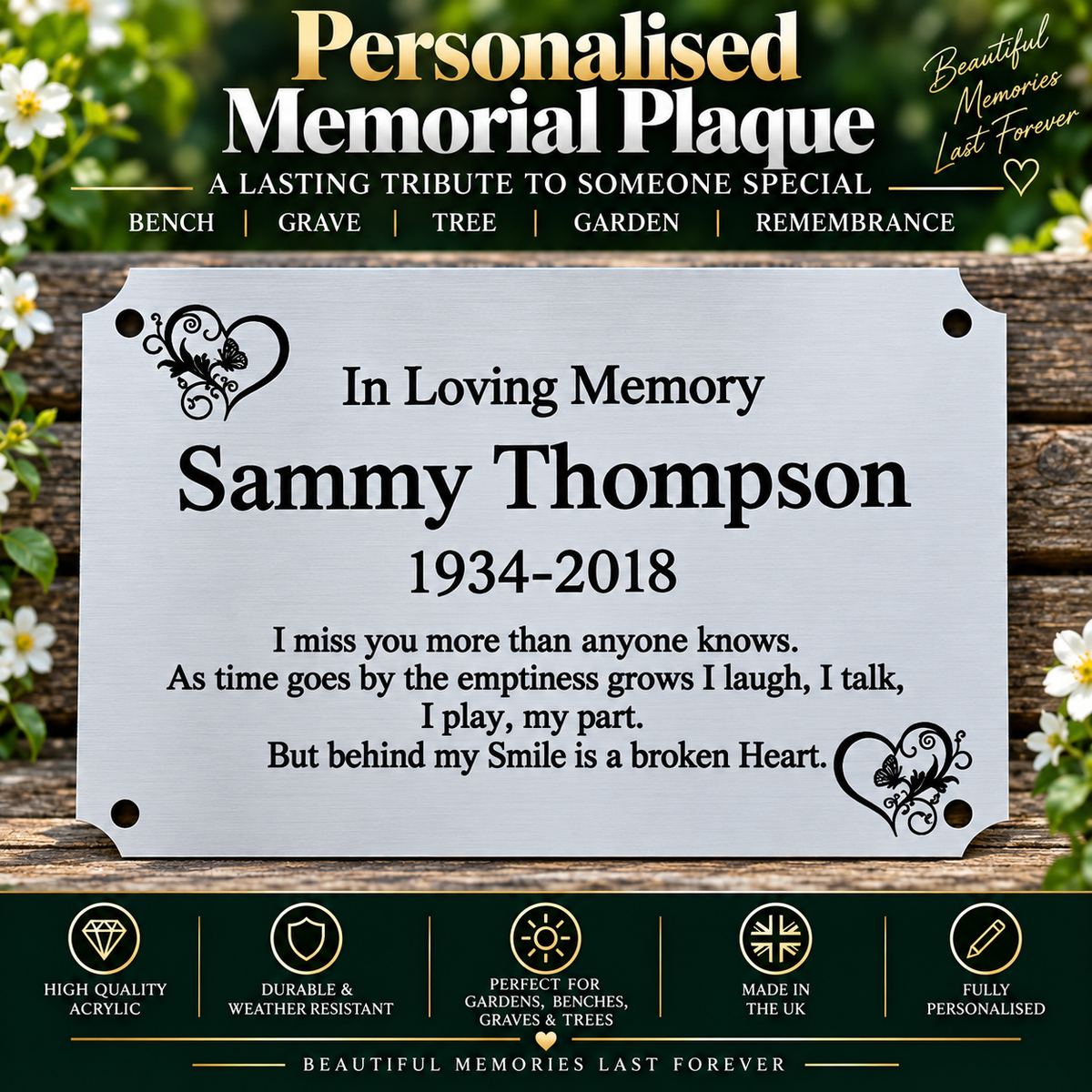 Personalised Memorial Plaque, 6x4 Engraved Bench Plaques, Engraved Tree Sign, Silver, Weatherproof, Grave, inverse