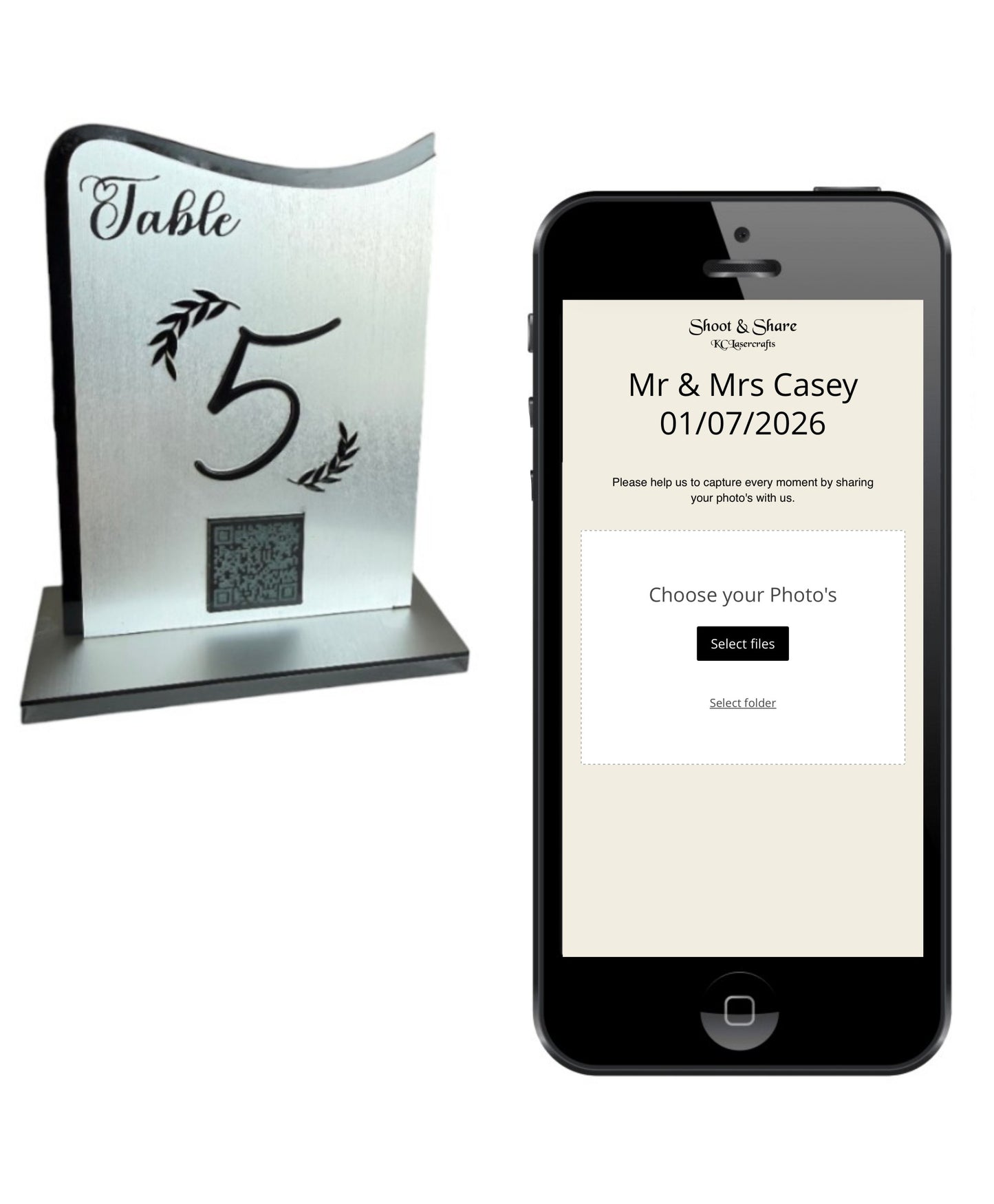 Personalised Wedding Table Sign & QR Stands with engraved text, Silver