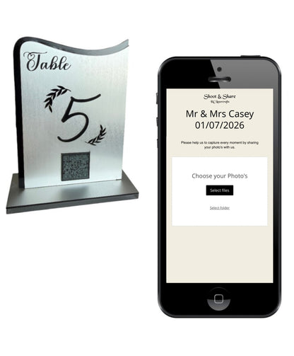 Personalised Wedding Table Sign & QR Stands with engraved text, Silver