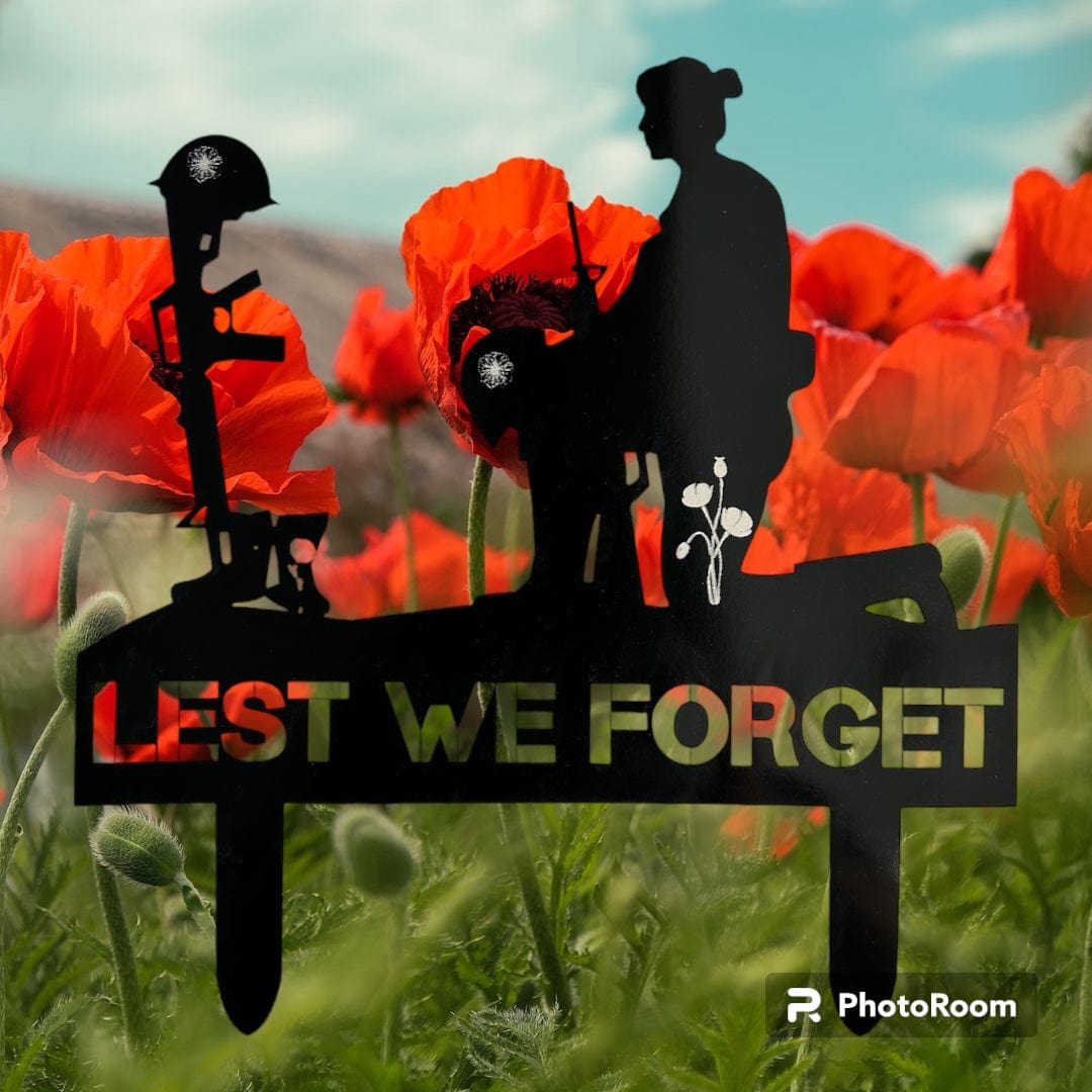 Remembrance Day Memorial Black Acrylic Gloss Lest we forget soldier garden grave marker spike