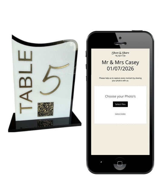 Personalised Wedding Table Sign & QR Stands with engraved text, White